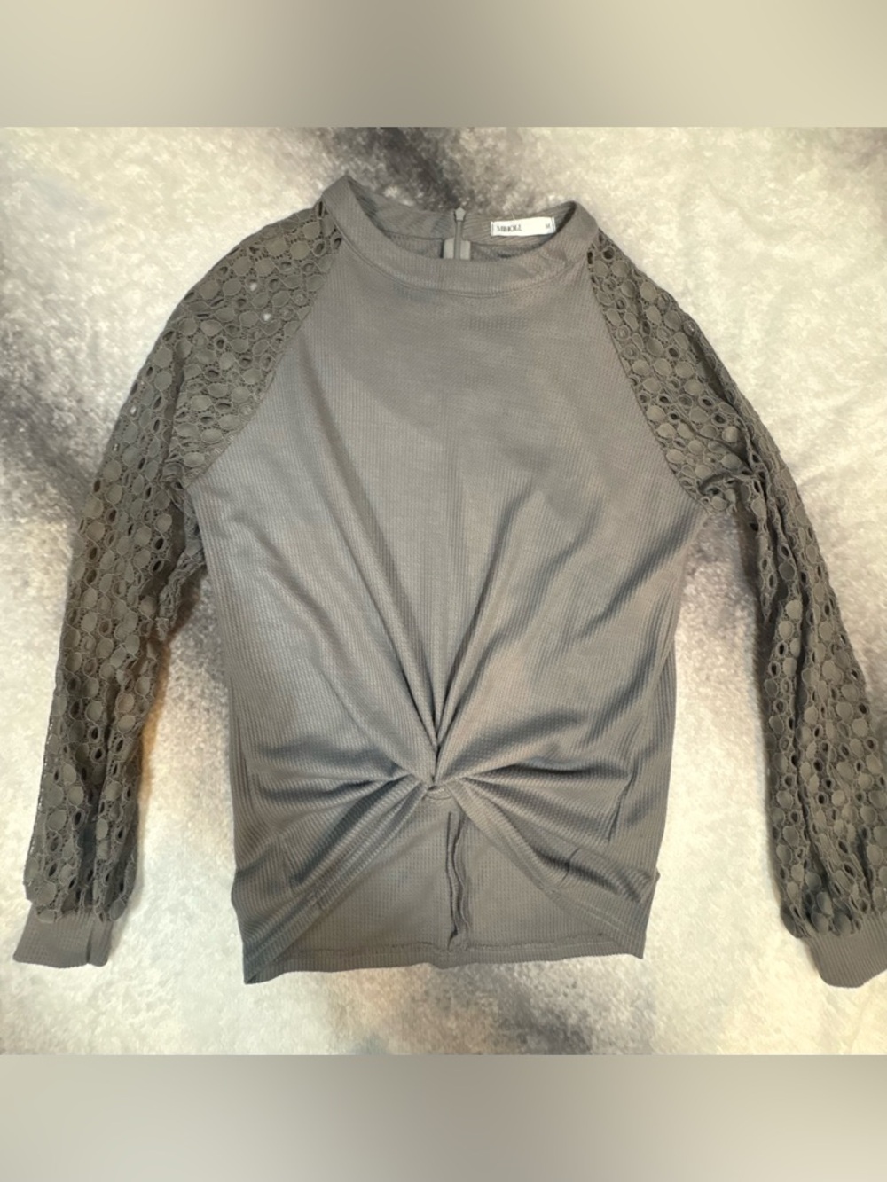 (A5) MIHOLL Gray Lace Balloon Sleeve Top | Crew Neck Knit Blouse | Size Medium